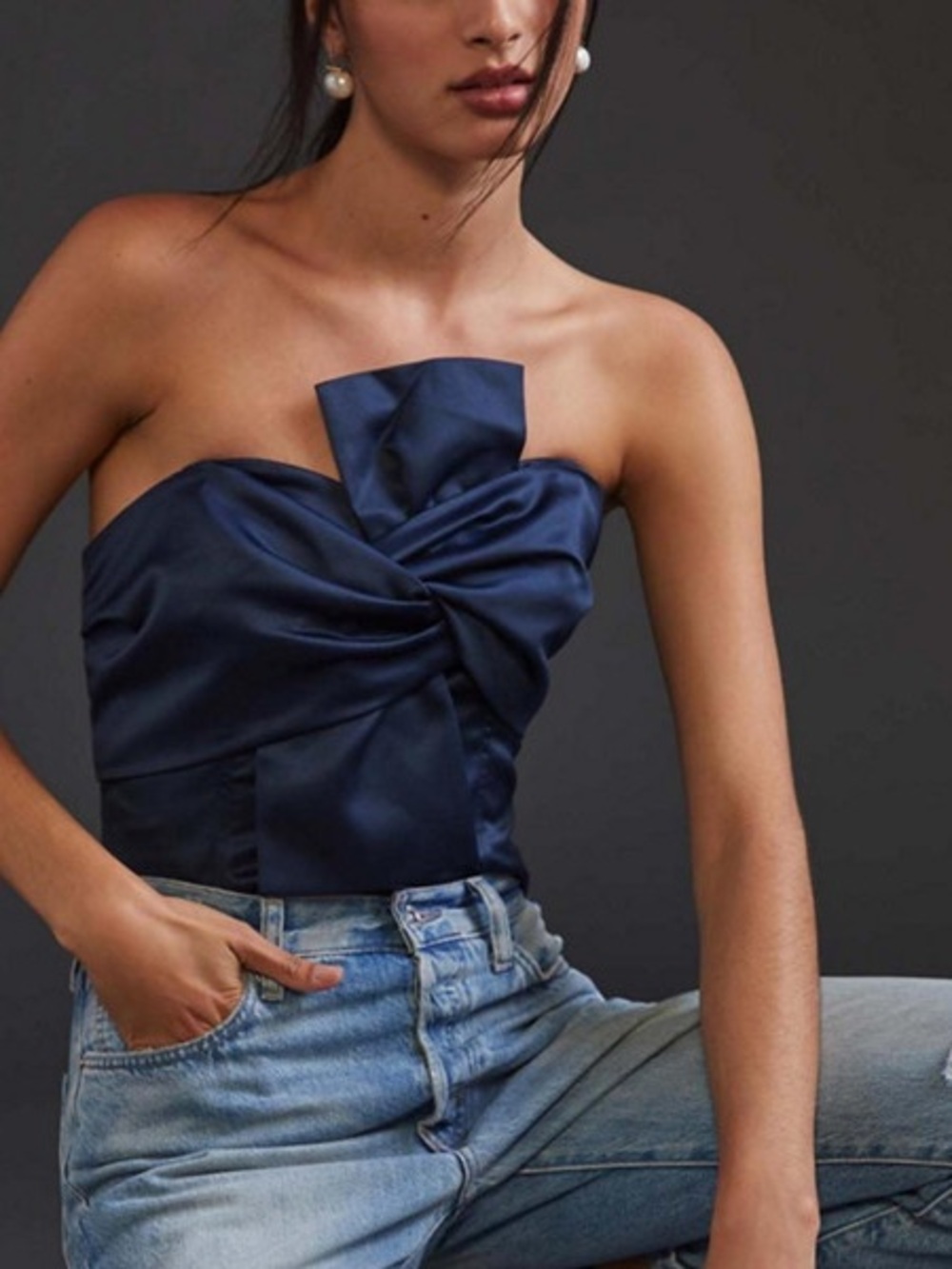 Anthropologie Navy Satin Strapless Twist-Detail Bustier